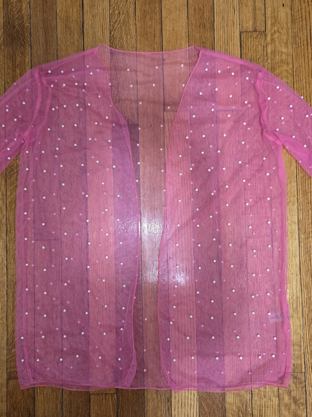 SHEIN Pink Sheer Pearl-Embellished Swim Coverup